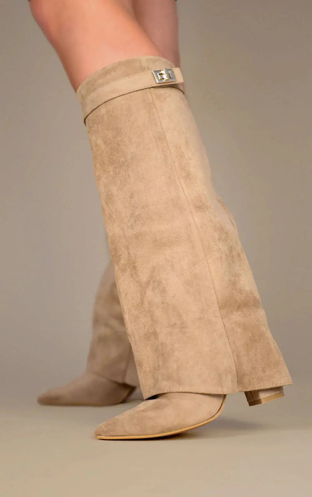 Tall Leather Suede Heeled Boots with Slim Shaft in Black or Taupe for Women