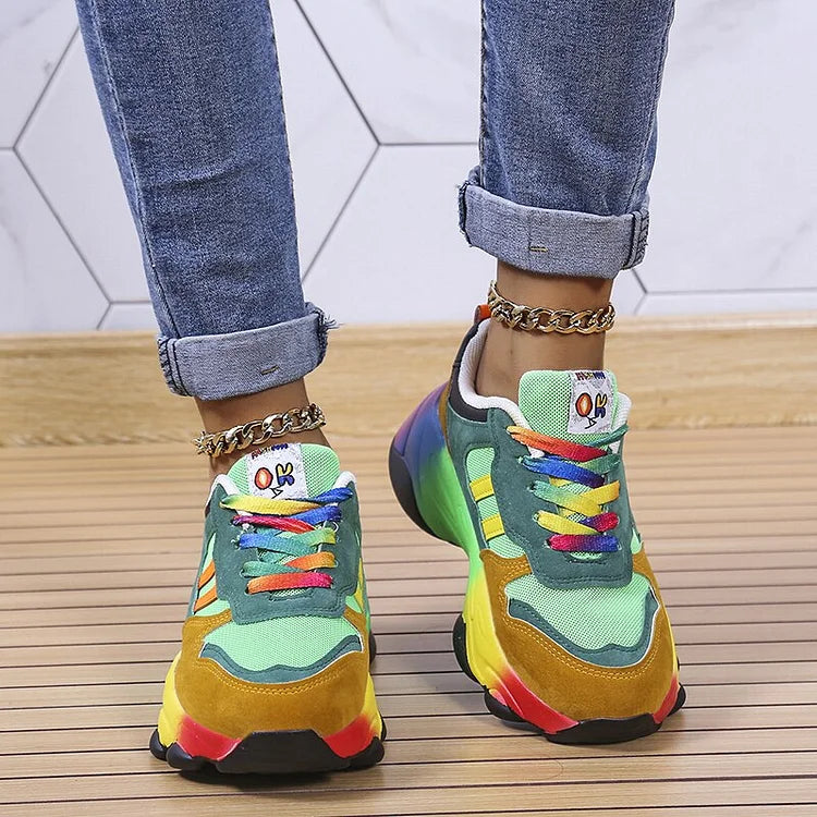 Rainbow Blue Green Orthopedic Walking Sneakers with Wide Toe Box for Women