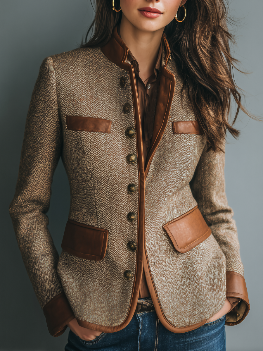 Brown Tweed Style Fitted Vintage Jacket with Trim and Pockets for Women