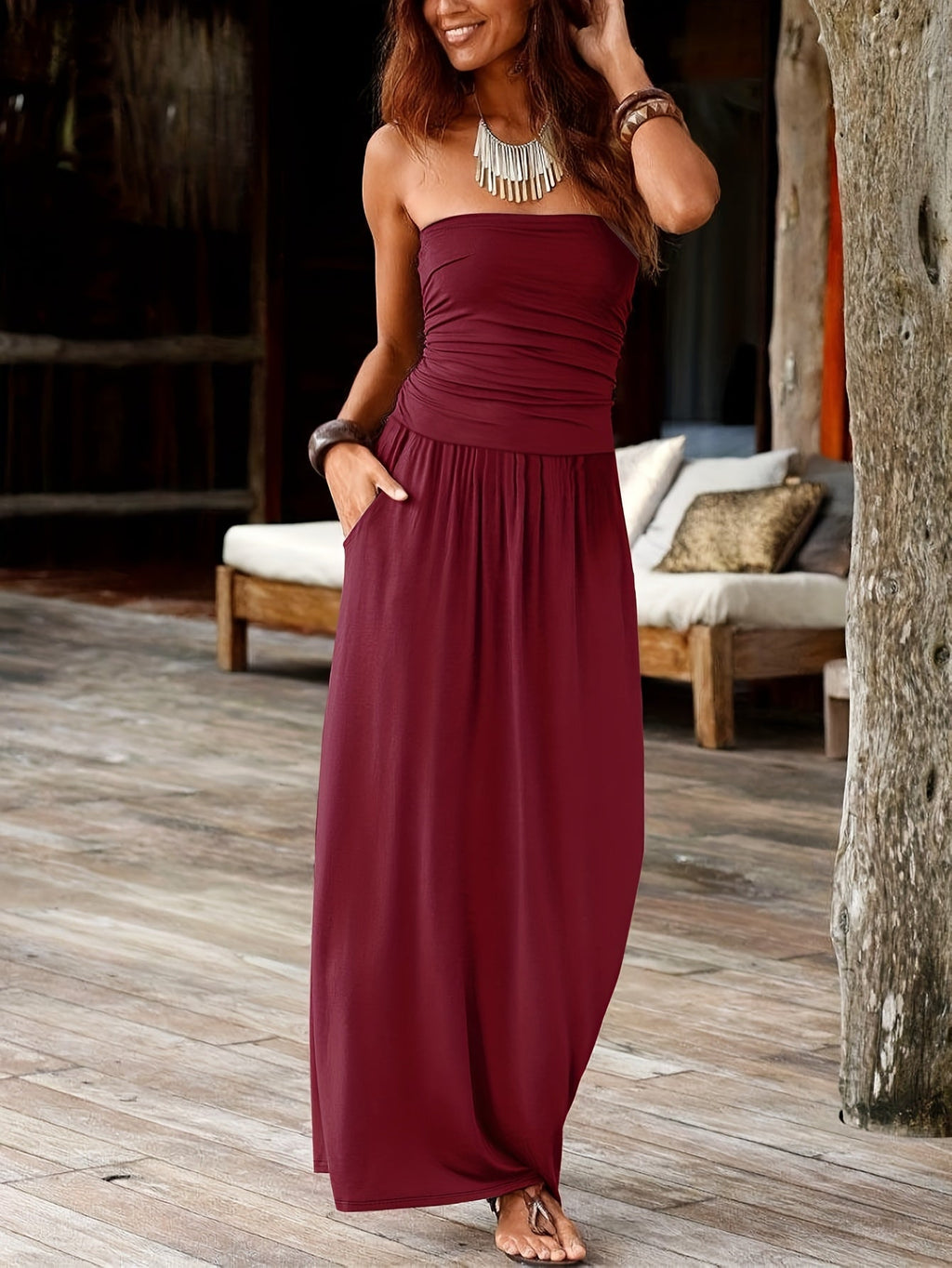 Strapless Bandeau Midi Dress with Waist-Cinching and Double Pockets for Women