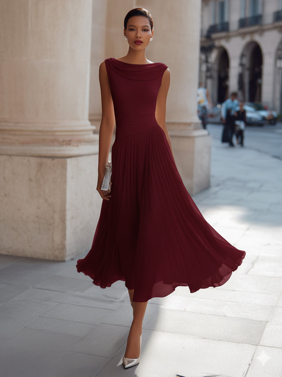 Draped Neck Sleeveless Pleated Midi Dress for Women | Occasion Wear