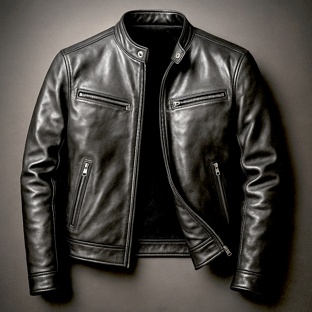 Brown Vintage Leather Jacket with Reinforced Seams and Metal Zipper for Men