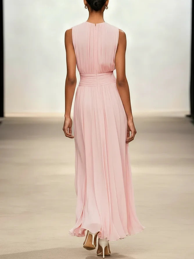 Sleeveless Ruched A-Line Chiffon Maxi Dress for Women | Wedding Guest