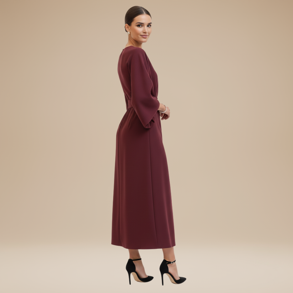 Wide Sleeve Wrap Midi Dress for Women | Belted V-Neckline