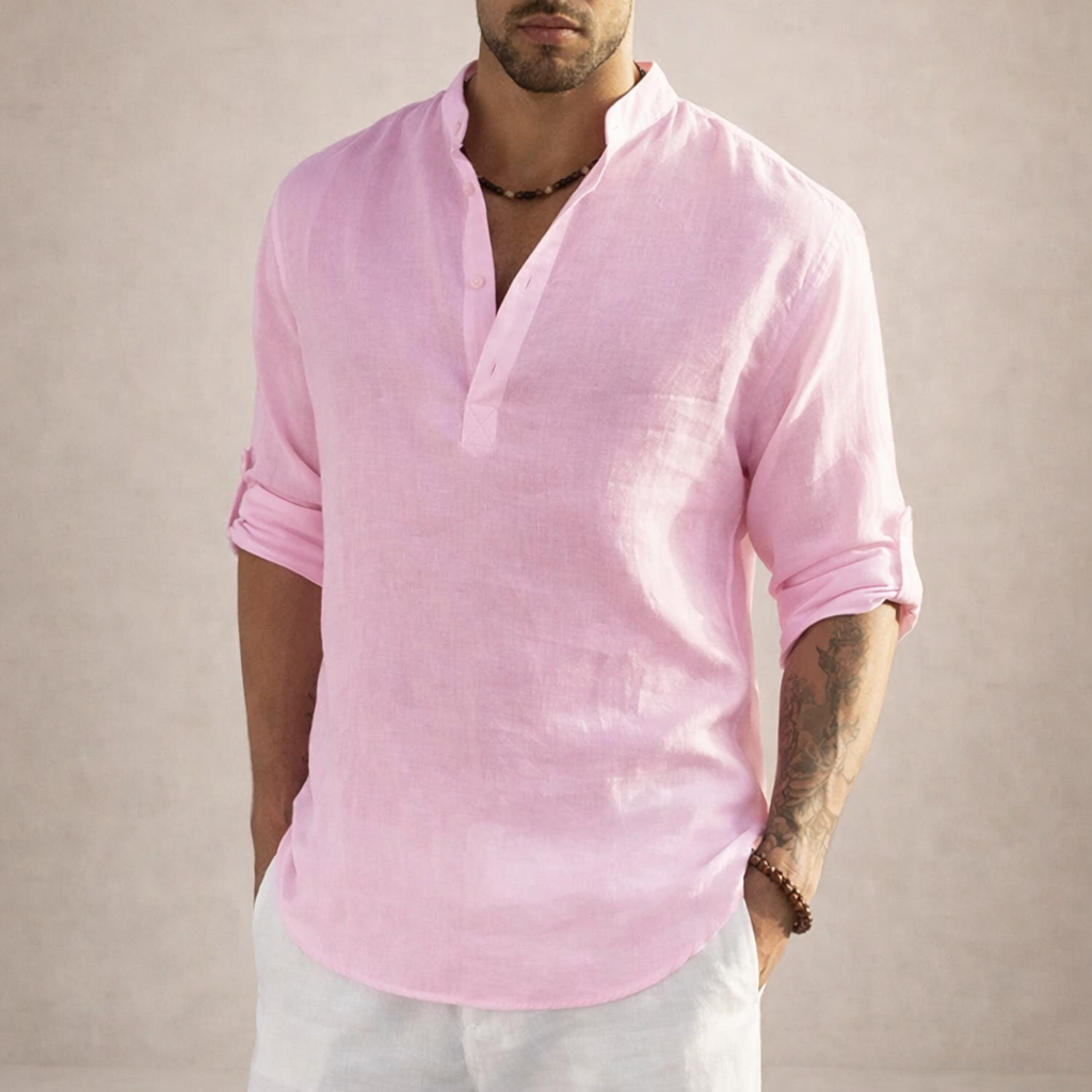 Linen Regular Fit Shirt for Men with Stand Collar and Long Sleeves