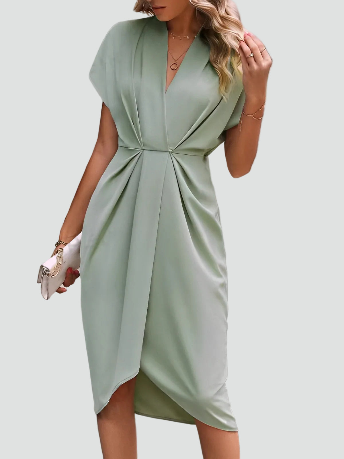 Wrap Midi Dress for Women Regular Fit V-Neck with Loose Sleeves