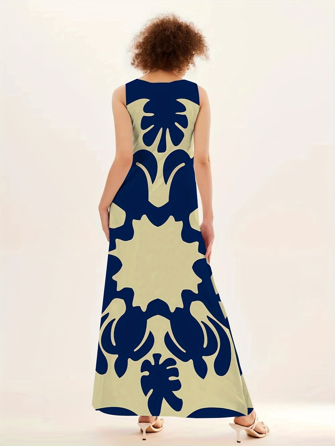 Blue Floral V-Neck Sleeveless Swing Maxi Dress for Women | With Pockets