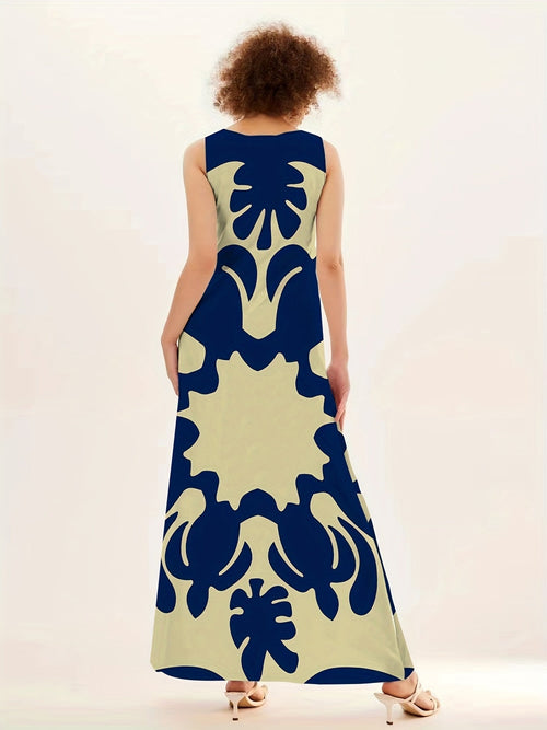 Blue Floral V-Neck Sleeveless Swing Maxi Dress for Women | With Pockets