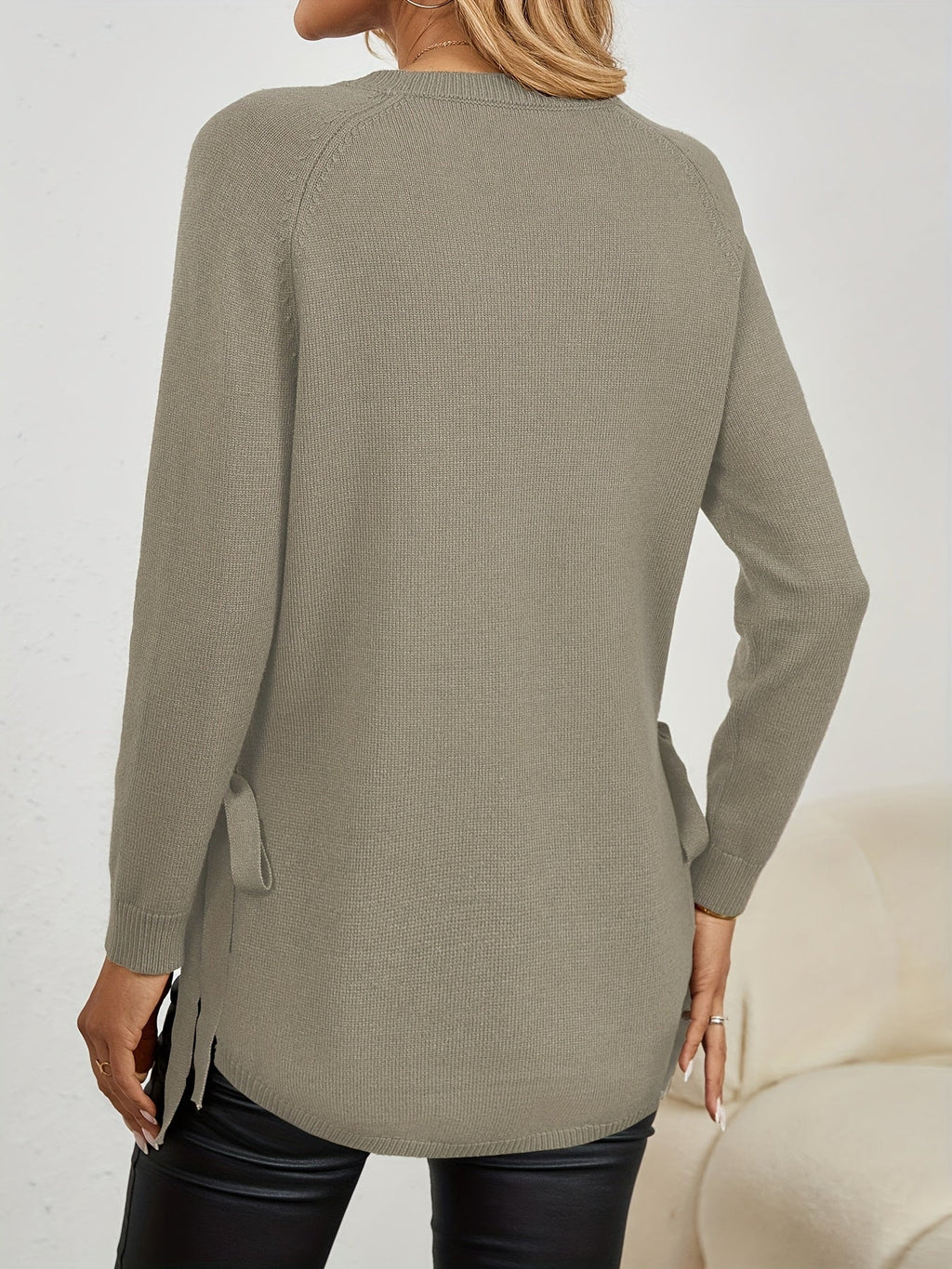 Relaxed Fit Longline Round Neck Pullover Sweater with Side Slits for Women