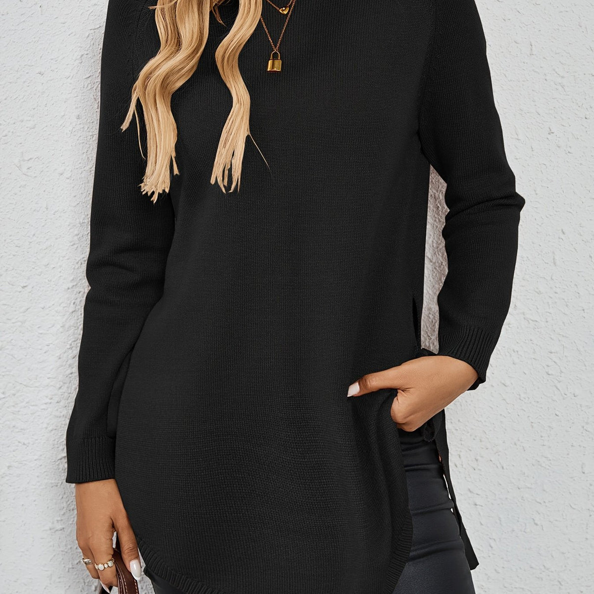 Relaxed Fit Longline Round Neck Pullover Sweater with Side Slits for Women