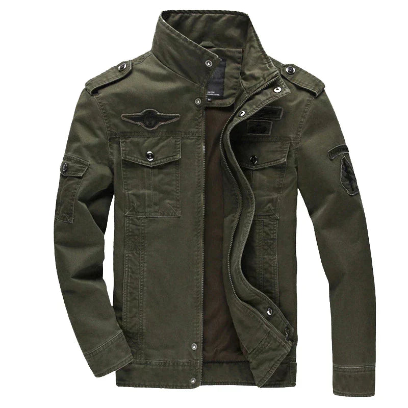Olive Green Modern Military Zip-Up Jacket for Men | Fitted Casual Outerwear