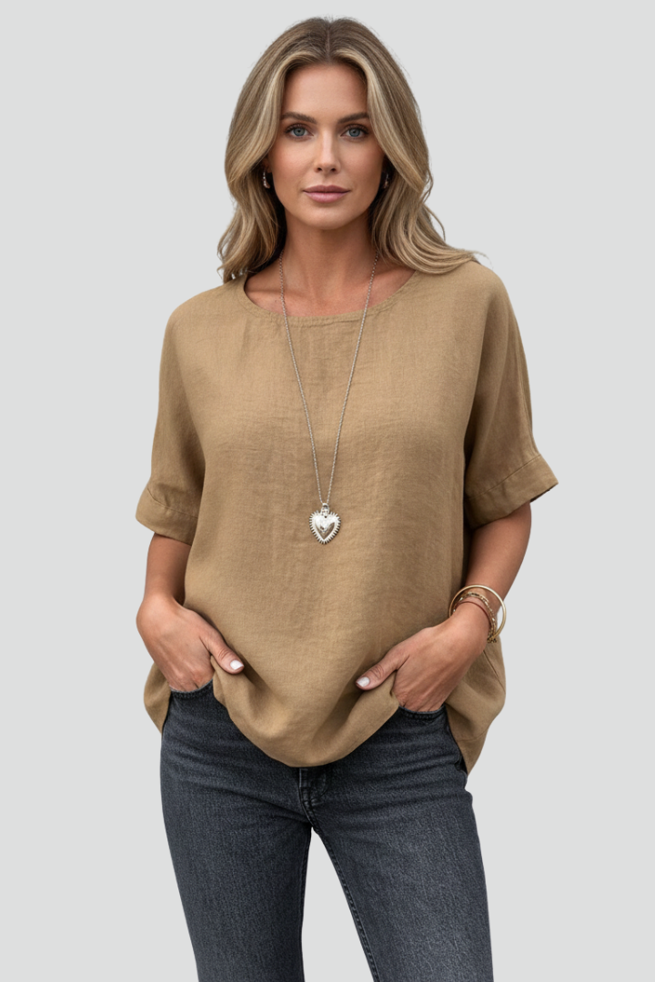 Green Brown White Round Neck Short Sleeve Blouse for Women