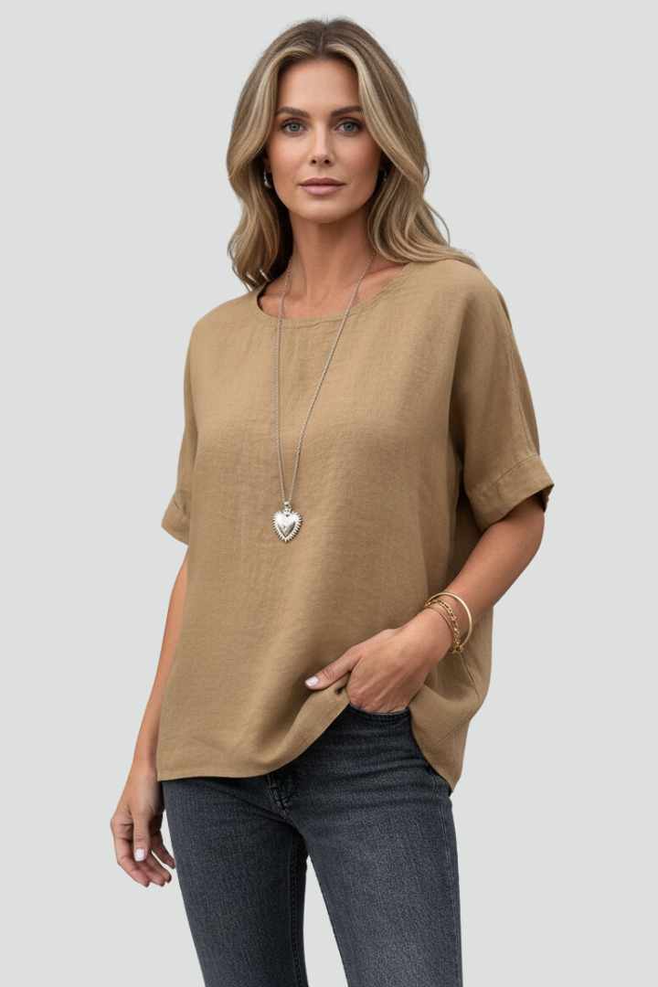 Green Brown White Round Neck Short Sleeve Blouse for Women