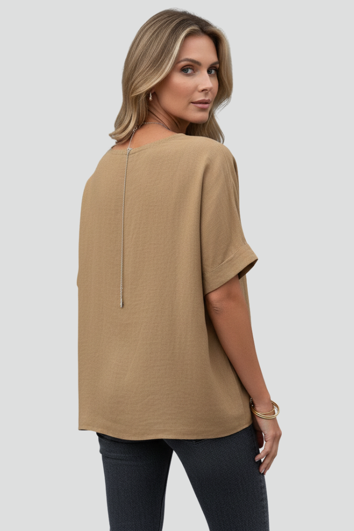 Green Brown White Round Neck Short Sleeve Blouse for Women