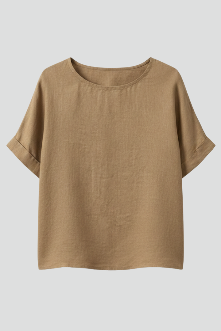 Green Brown White Round Neck Short Sleeve Blouse for Women