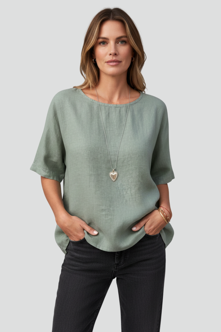Green Brown White Round Neck Short Sleeve Blouse for Women