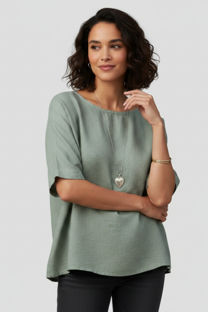 Green Brown White Round Neck Short Sleeve Blouse for Women