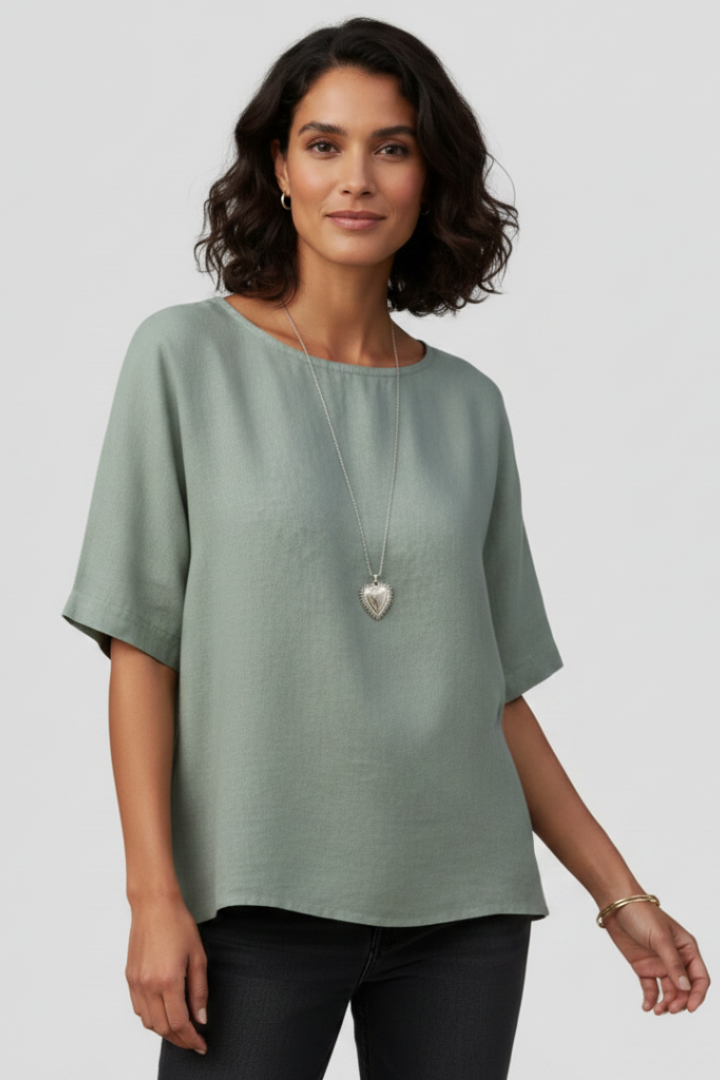 Green Brown White Round Neck Short Sleeve Blouse for Women