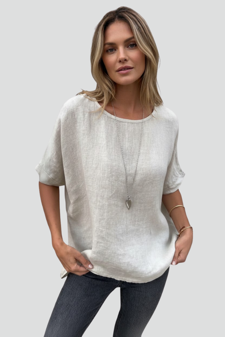 Green Brown White Round Neck Short Sleeve Blouse for Women