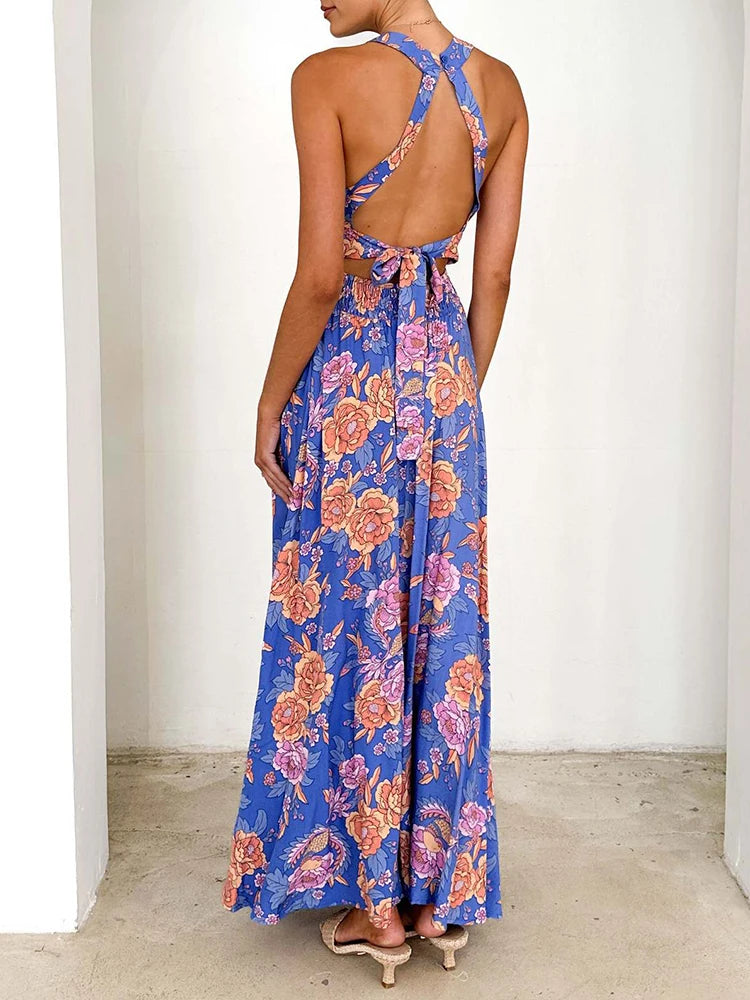 Floral Sleeveless Backless Maxi Dress for Women | Summer Holiday
