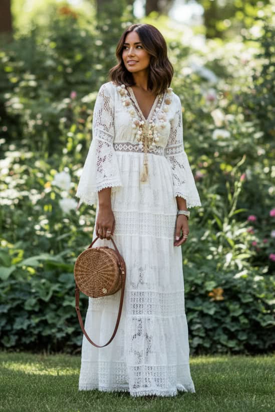Boho V Neck Maxi Dress for Women | White and Beige Full Length Dress