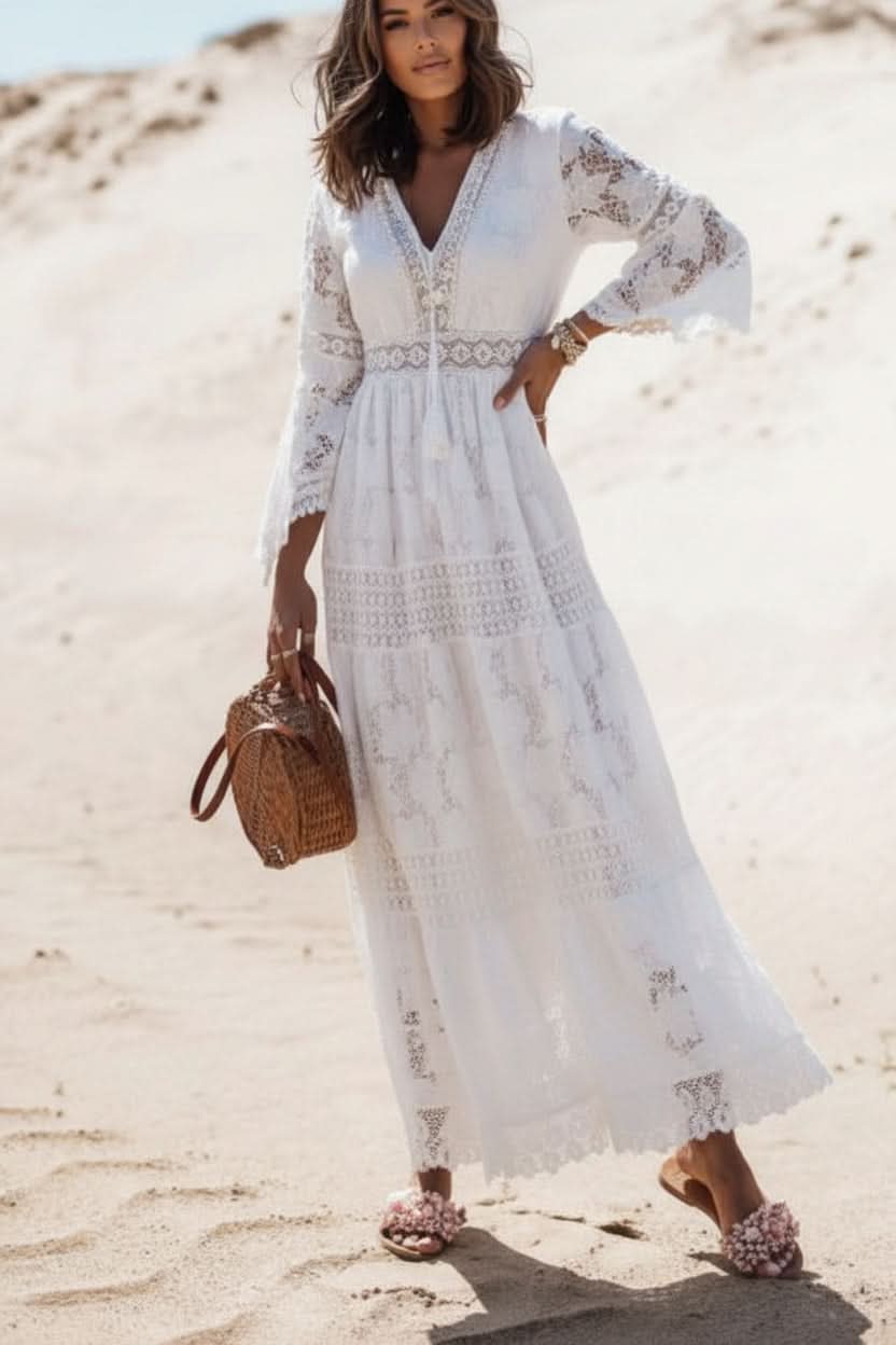 Boho V Neck Maxi Dress for Women | White and Beige Full Length Dress