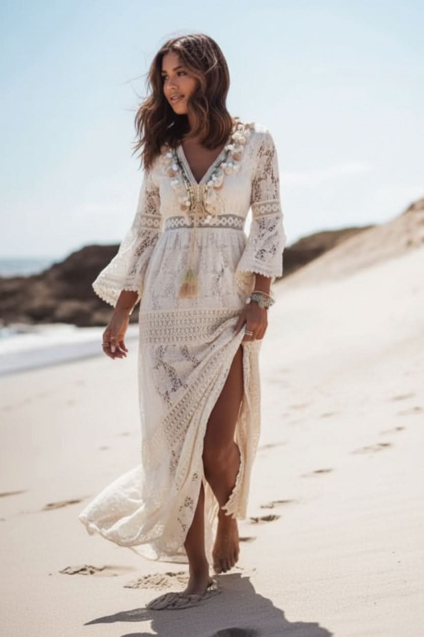Boho V Neck Maxi Dress for Women | White and Beige Full Length Dress