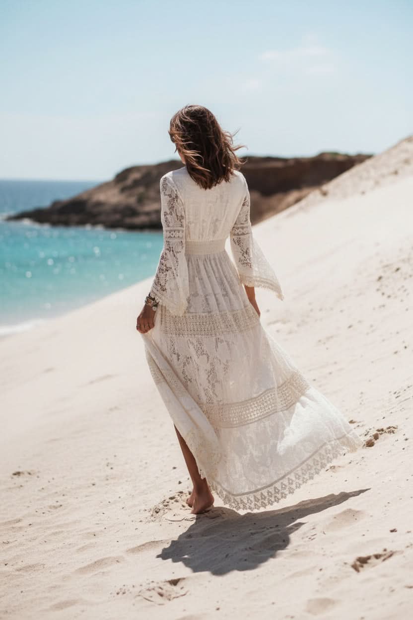 Boho V Neck Maxi Dress for Women | White and Beige Full Length Dress