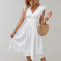 White Flutter Sleeve V-Neck Midi Dress for Women