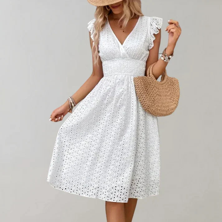 White Flutter Sleeve V-Neck Midi Dress for Women