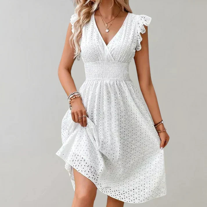 White Flutter Sleeve V-Neck Midi Dress for Women