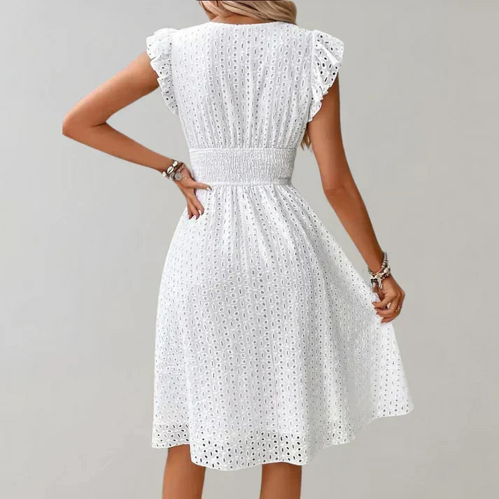 White Flutter Sleeve V-Neck Midi Dress for Women