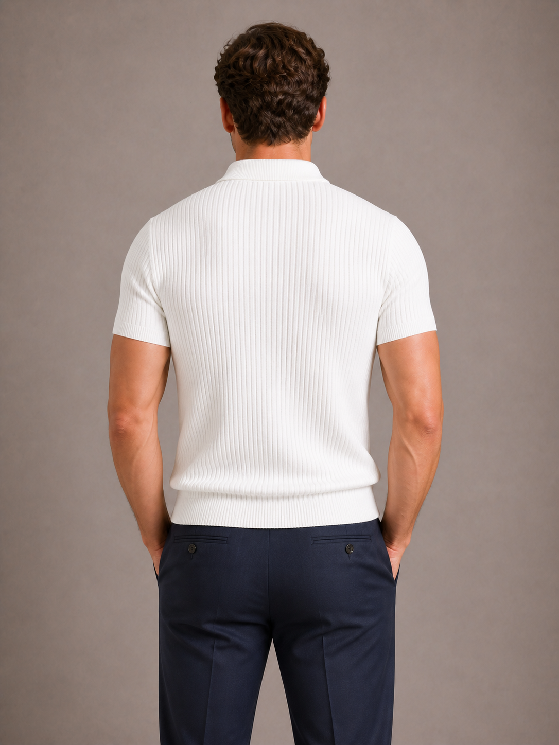 Polyester Cotton Ribbed Slim Fit Short Sleeve Zip Neck Polo Shirt for Men