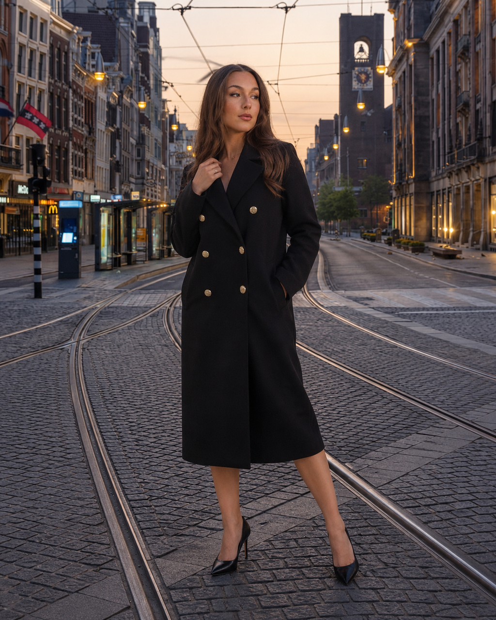 Thick Matte Double Breasted Knee Length Coat with Notch Lapel for Women