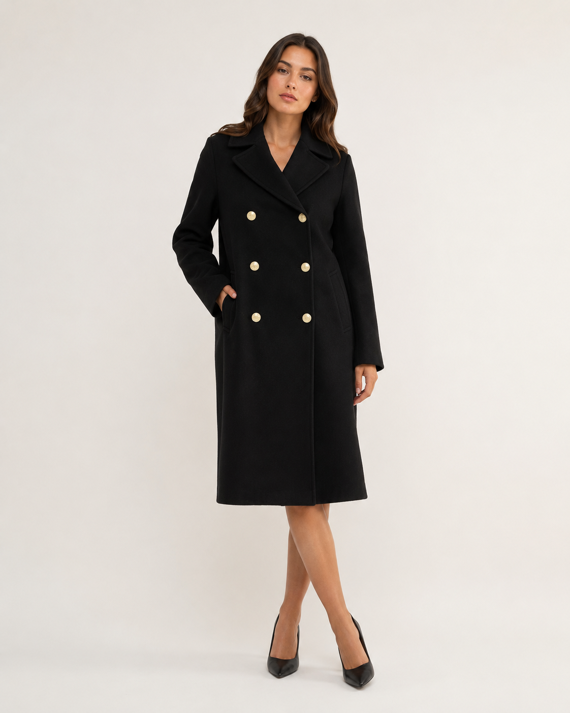 Thick Matte Double Breasted Knee Length Coat with Notch Lapel for Women