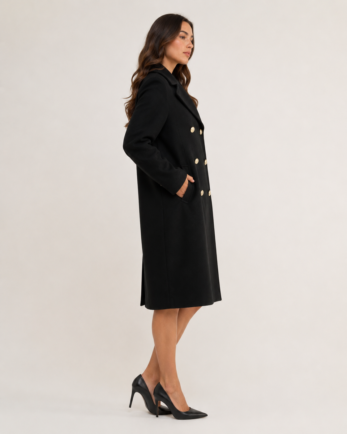 Thick Matte Double Breasted Knee Length Coat with Notch Lapel for Women