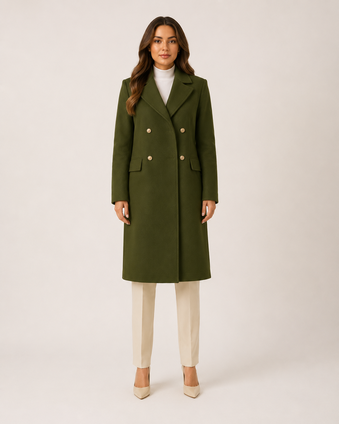 Thick Matte Double Breasted Knee Length Coat with Notch Lapel for Women
