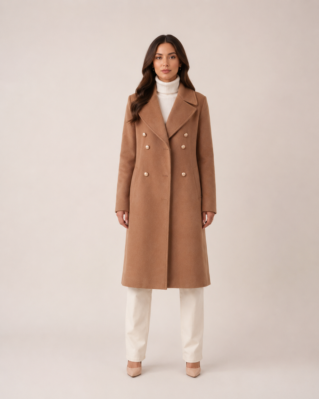 Thick Matte Double Breasted Knee Length Coat with Notch Lapel for Women
