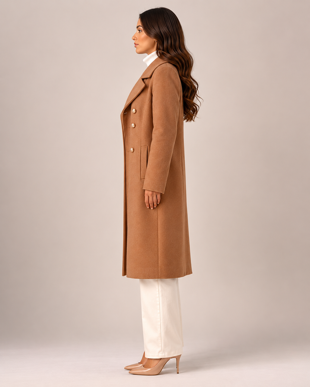 Thick Matte Double Breasted Knee Length Coat with Notch Lapel for Women