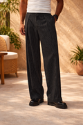 Black Pinstripe Wide Leg Tailored Pants for Men