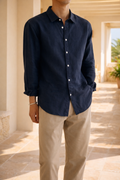 Linen Long Sleeve Button-Front Relaxed Fit Shirt for Men