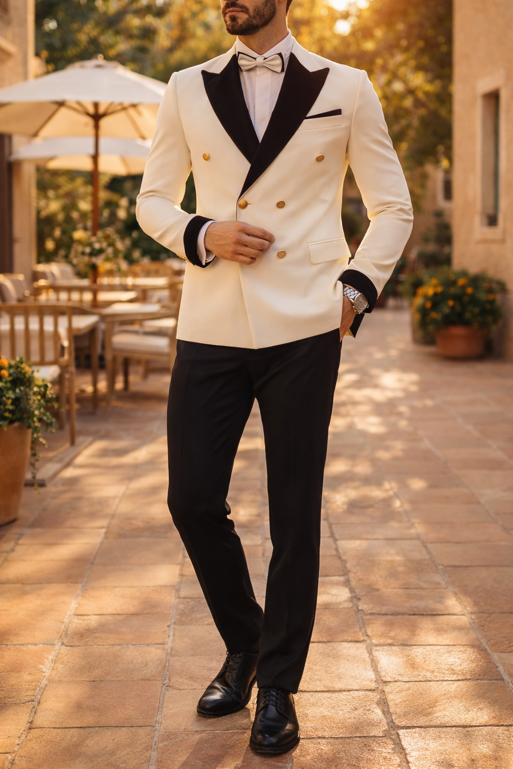 White Double Breasted Contrast Lapel Suit Set with Pants for Men | Wedding