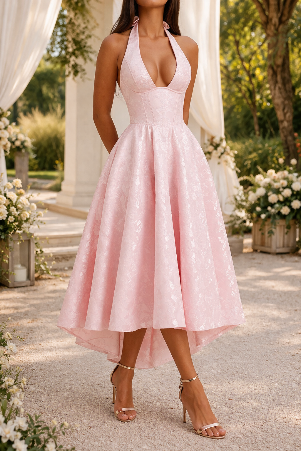 Jacquard Halter Neck Midi Dress with Fitted Bodice and Flared Skirt for Women