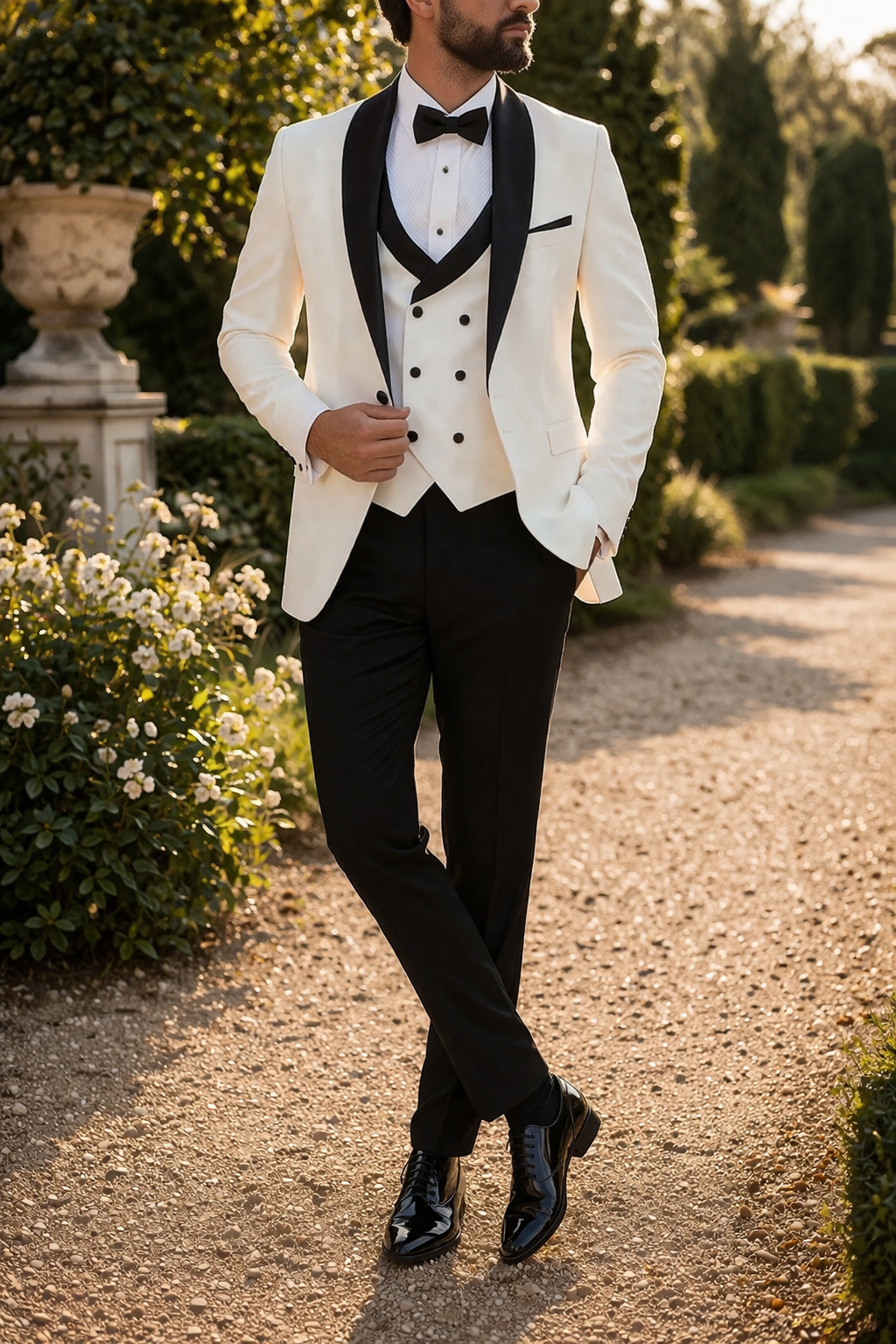 White Three Piece Tuxedo Suit with Shawl Lapel and Vest for Men | Wedding