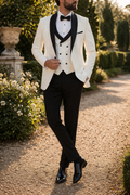 White Three Piece Tuxedo Suit with Shawl Lapel and Vest for Men | Wedding
