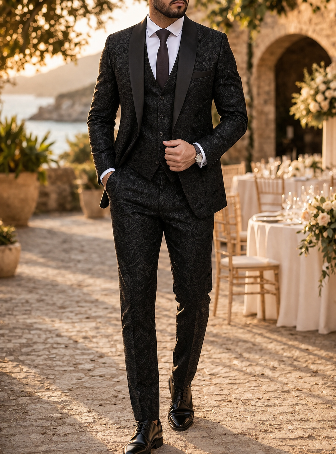 Black White Patterned Three Piece Suit with Shawl Lapel for Men | Wedding