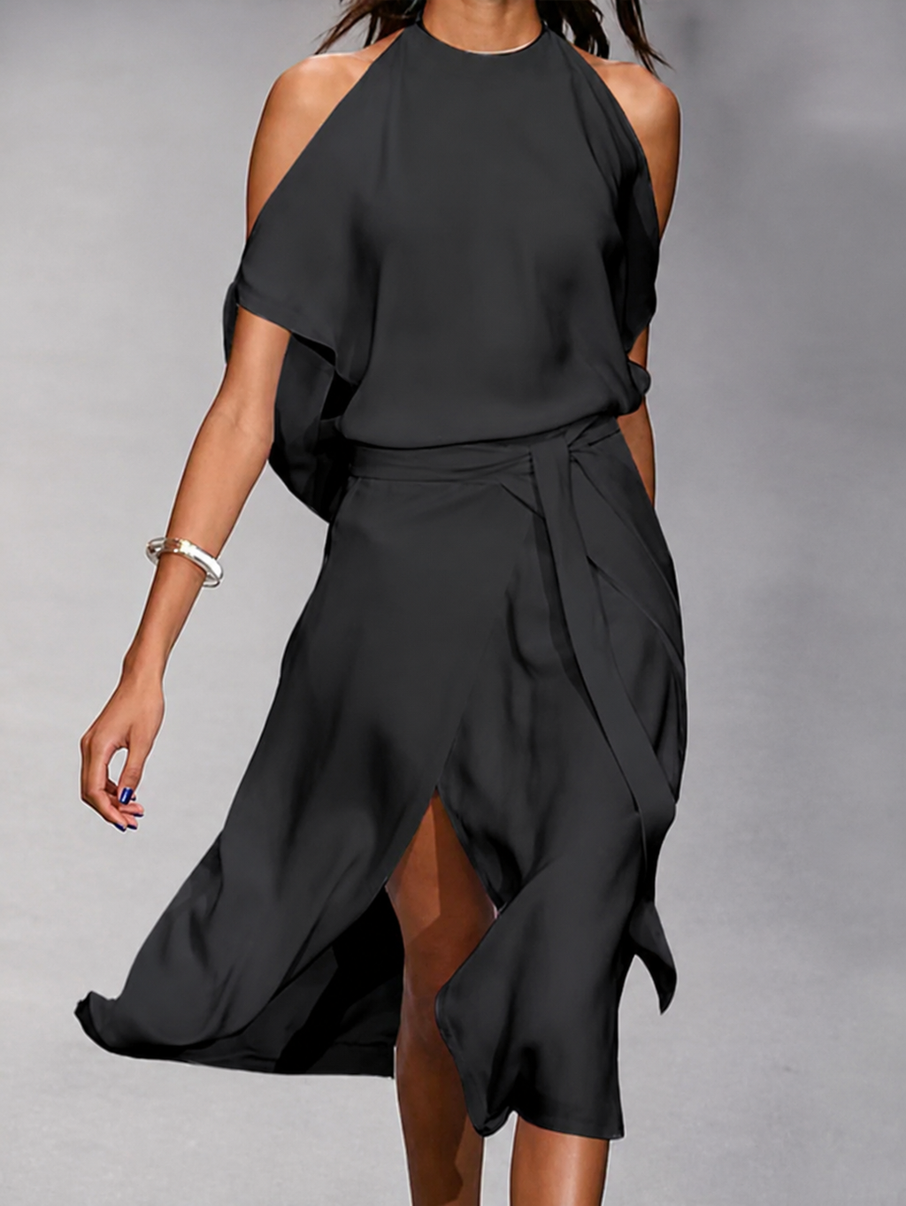 Asymmetric Open Shoulder Midi Dress with Tie Waist for Women | Evening Occasion