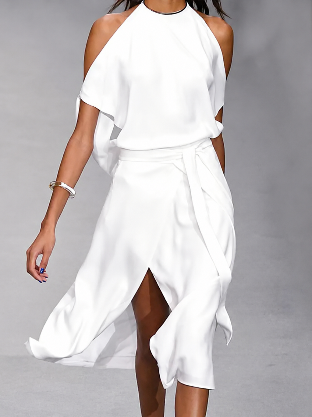 Asymmetric Open Shoulder Midi Dress with Tie Waist for Women | Evening Occasion