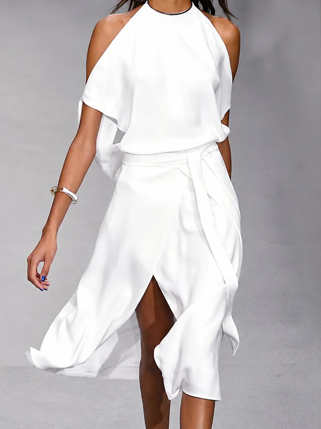 Asymmetric Open Shoulder Midi Dress with Tie Waist for Women | Evening Occasion