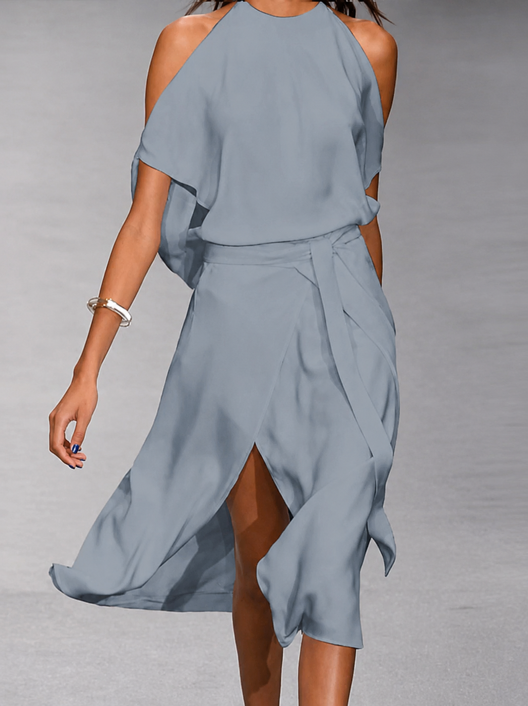 Asymmetric Open Shoulder Midi Dress with Tie Waist for Women | Evening Occasion